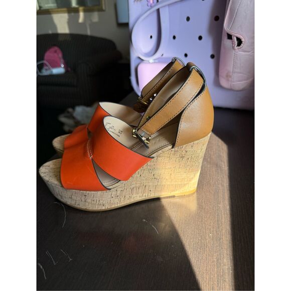 Coach Isla Orange & Tan Leather Cork Platform Wedge Sandals sz 9 NWOT - Picture 6 of 9